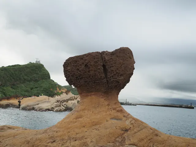 Photographed at Yehliu Geopark in New Taipei, where the Queen's Head stands alone on the coastal rock platform, its honeycombed texture distinct against the overcast sea.